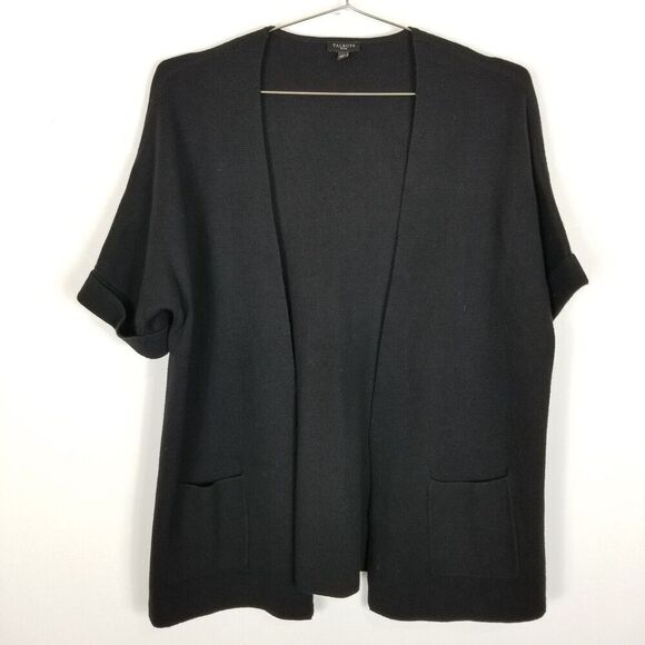 Talbots Women Cotton Cashmere Cardigan Sweater Size L Petite Black Open Front - Picture 1 of 6